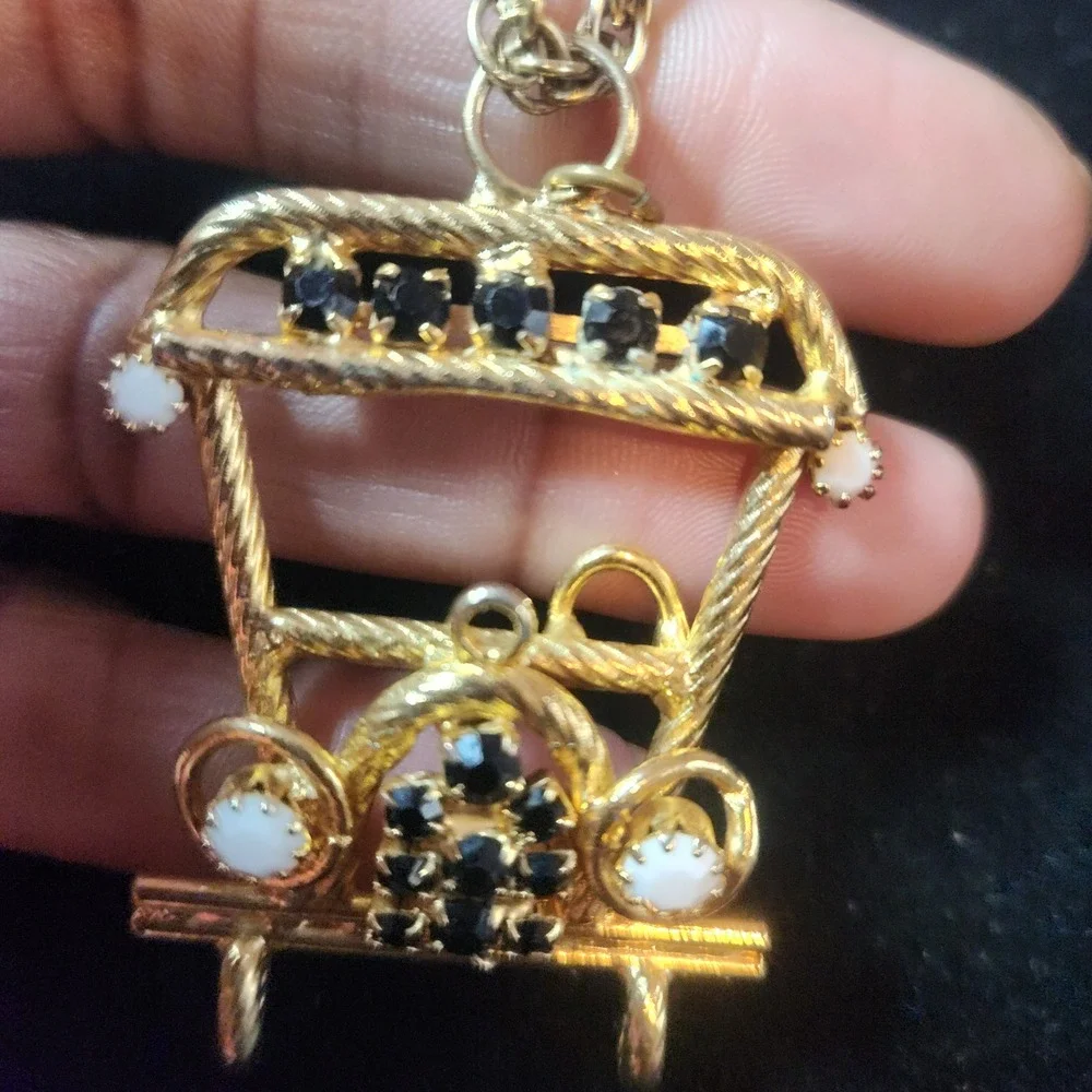 Vintage Gold Tone Rickshaw Pendant Necklace Black Rhinestone White Cabochon